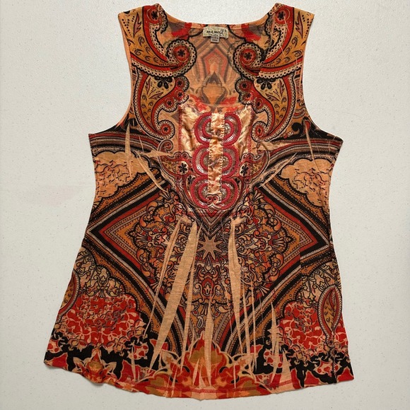 ONE WORLD Tops - One World Paisley Blouse Sleeveless Tank Red Black Orange Scoop Neck Sequin Sz S